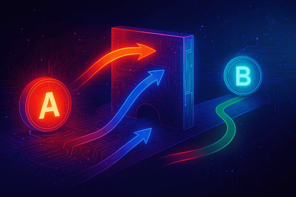 Digitāla ilustrācija ar mezgliem A un B un bultām, kas plūst caur shēmas fonu